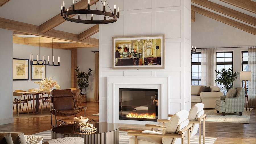 A home with various levels of lighting like chandeliers, fireplace, windows, etc.